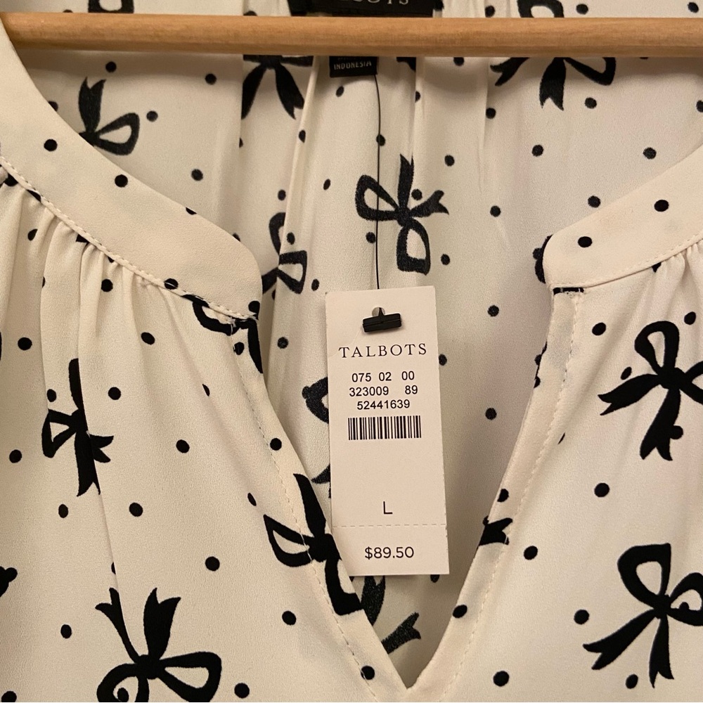Talbots Cream Blouse with Black Bow Pattern - Picture 3 of 4